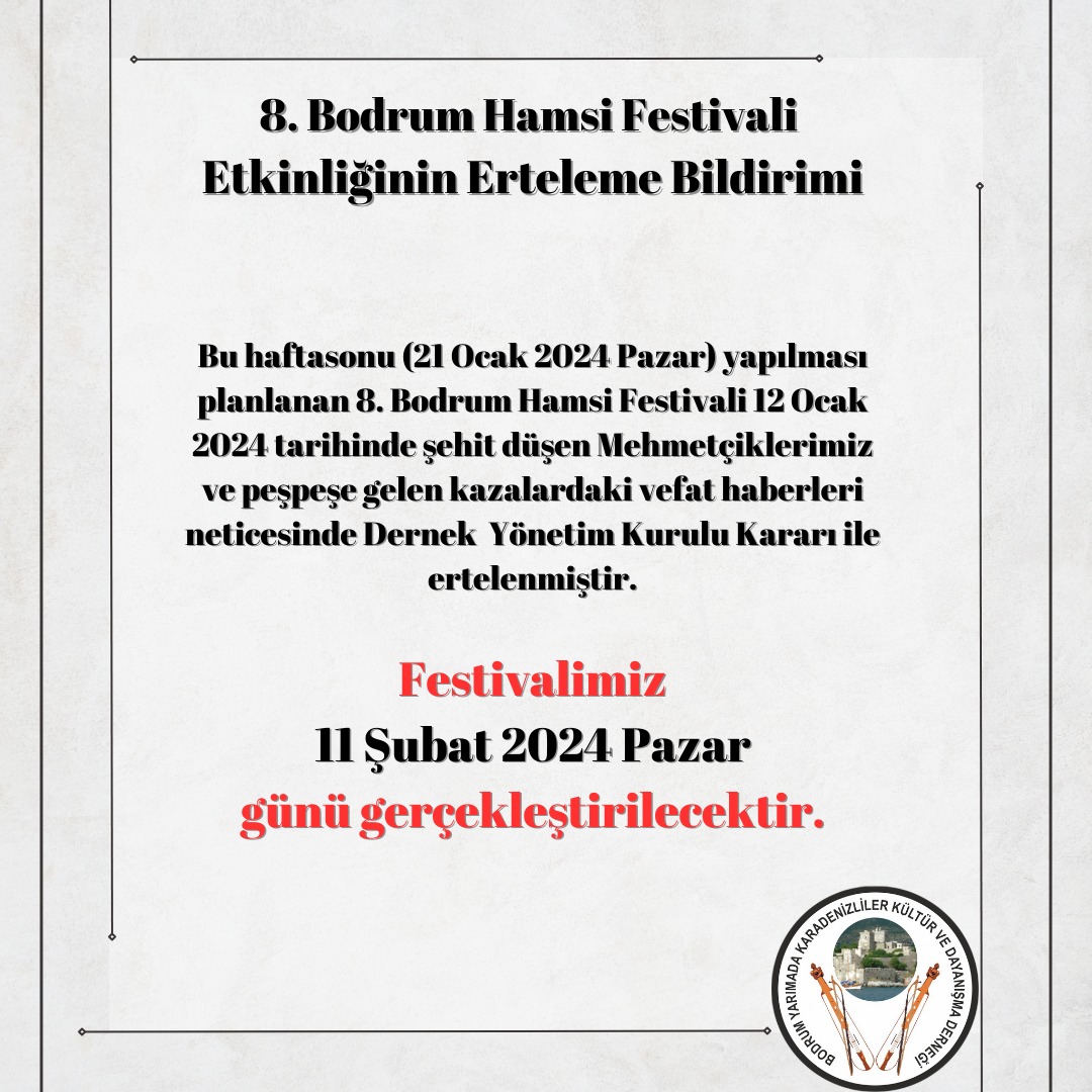 8. Bodrum Hamsi Festivali Etkinliğinin Erteleme Bildirimi